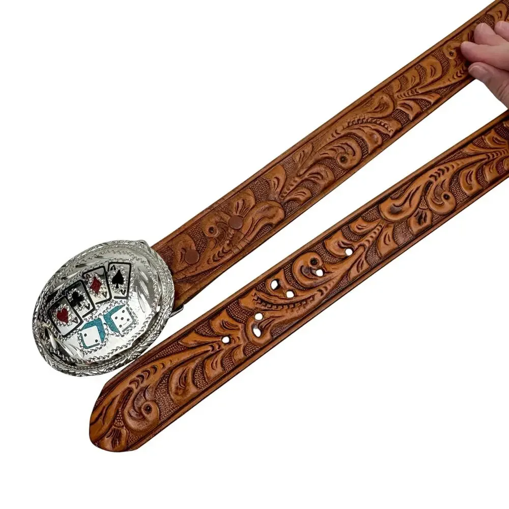 VTG Gambler Belt Buckle & Hand Tooled Belt